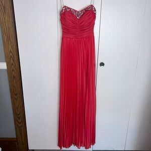 B. DARLIN FORMAL Maxi Dress Strapless Pleated Skirt Embellished Coral Sz 9/10